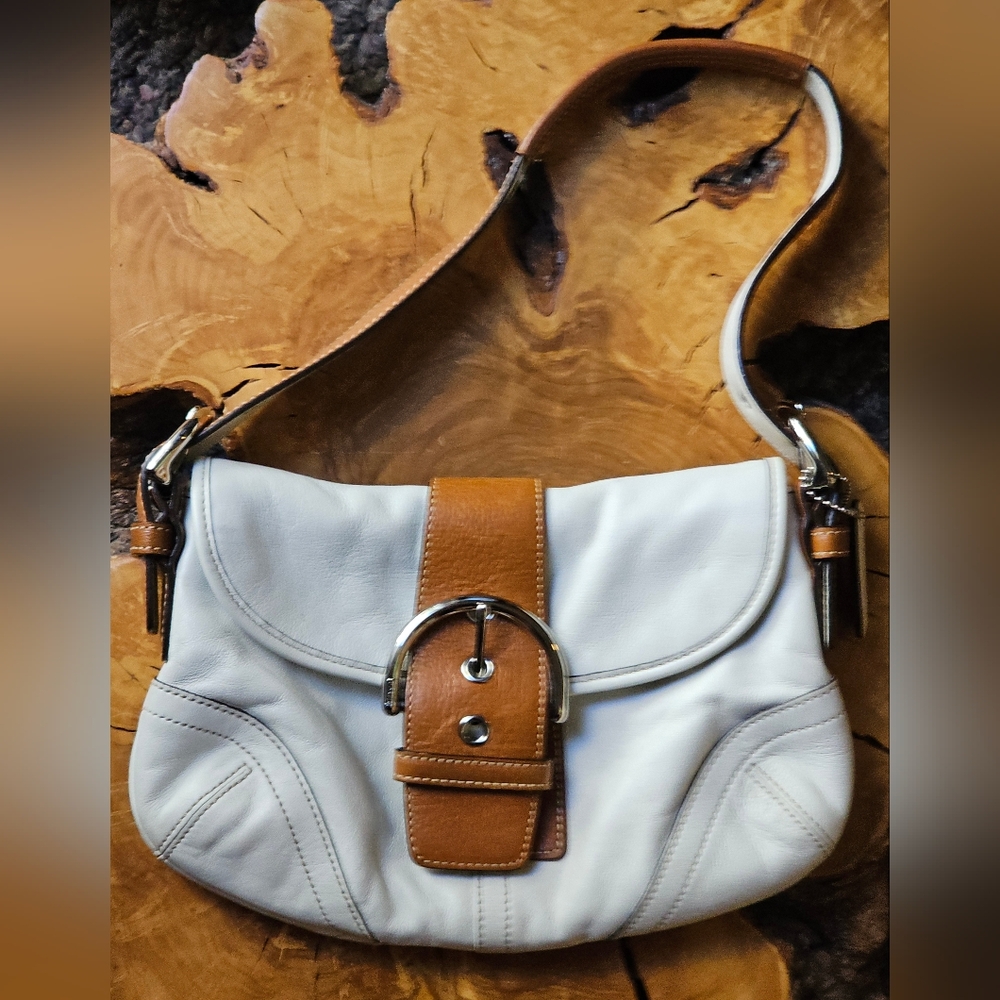 Coach White and Tan Leather Shoulder Bag, Y2k